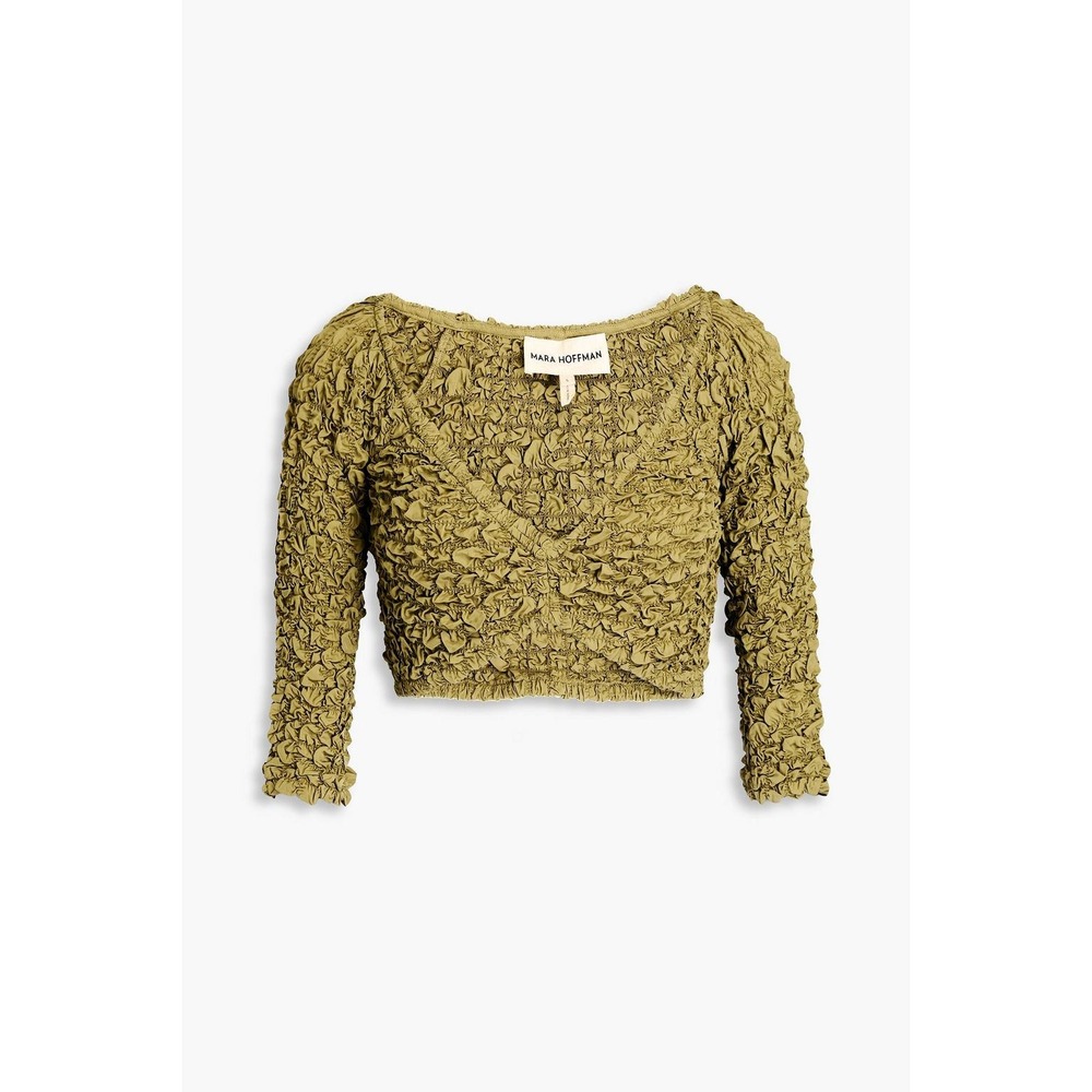 Aja Top Textured Ruched Smocked Popcorn Three Quarter Sleeve Crop Top Green XL